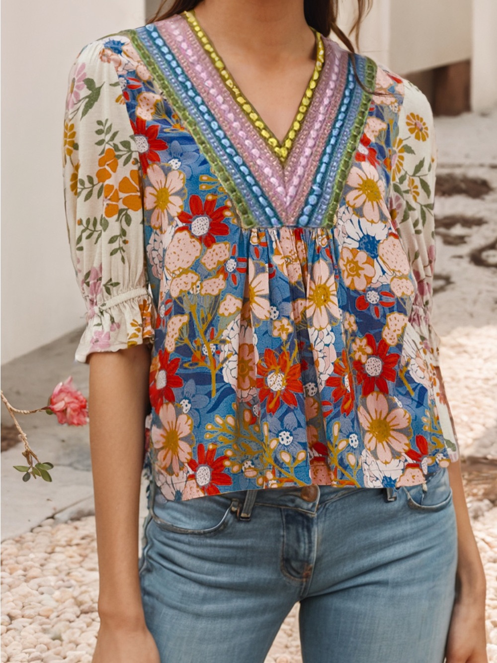 Boutique Large Boho Floral Babydoll Top Embroidered V Neck Puff Sleeve Top